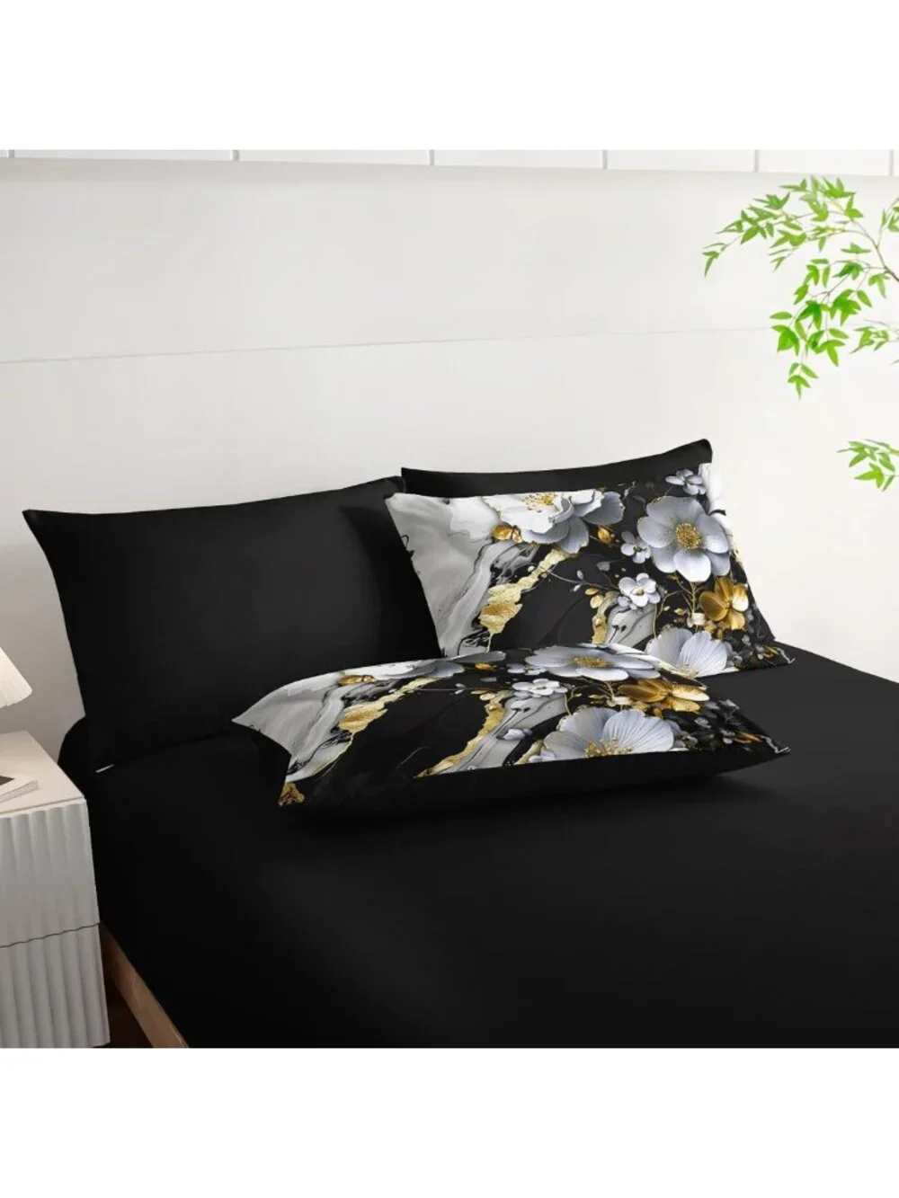 7-Piece King Marble Floral Comforter Set - Black & White Bedding, Gold Accents